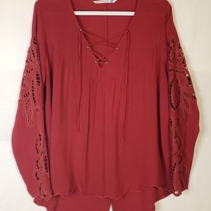 Given Kale Embroidery Crochet Red Burgundy Top Blouse Size L